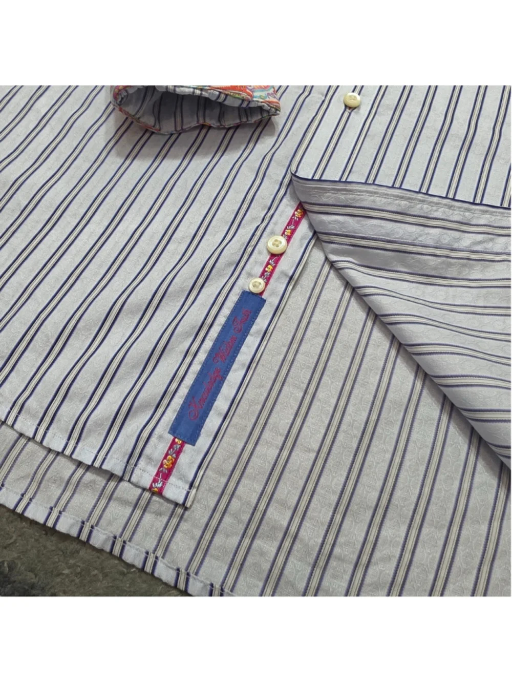 Robert Graham Striped Button Up Shirt Men’s Large Paisley Flip Cuff Blue Money